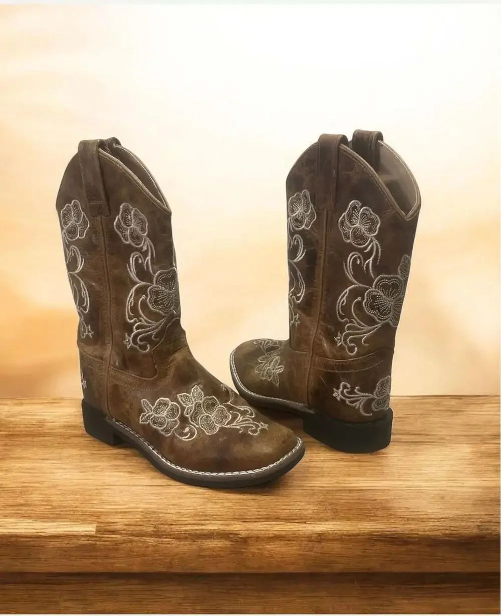 Shyanne Girls' Little Lasy Floral Embroidered Western Boots Broad Square Toe